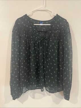 Old Navy Black Sheer Floral Tie-Front Blouse